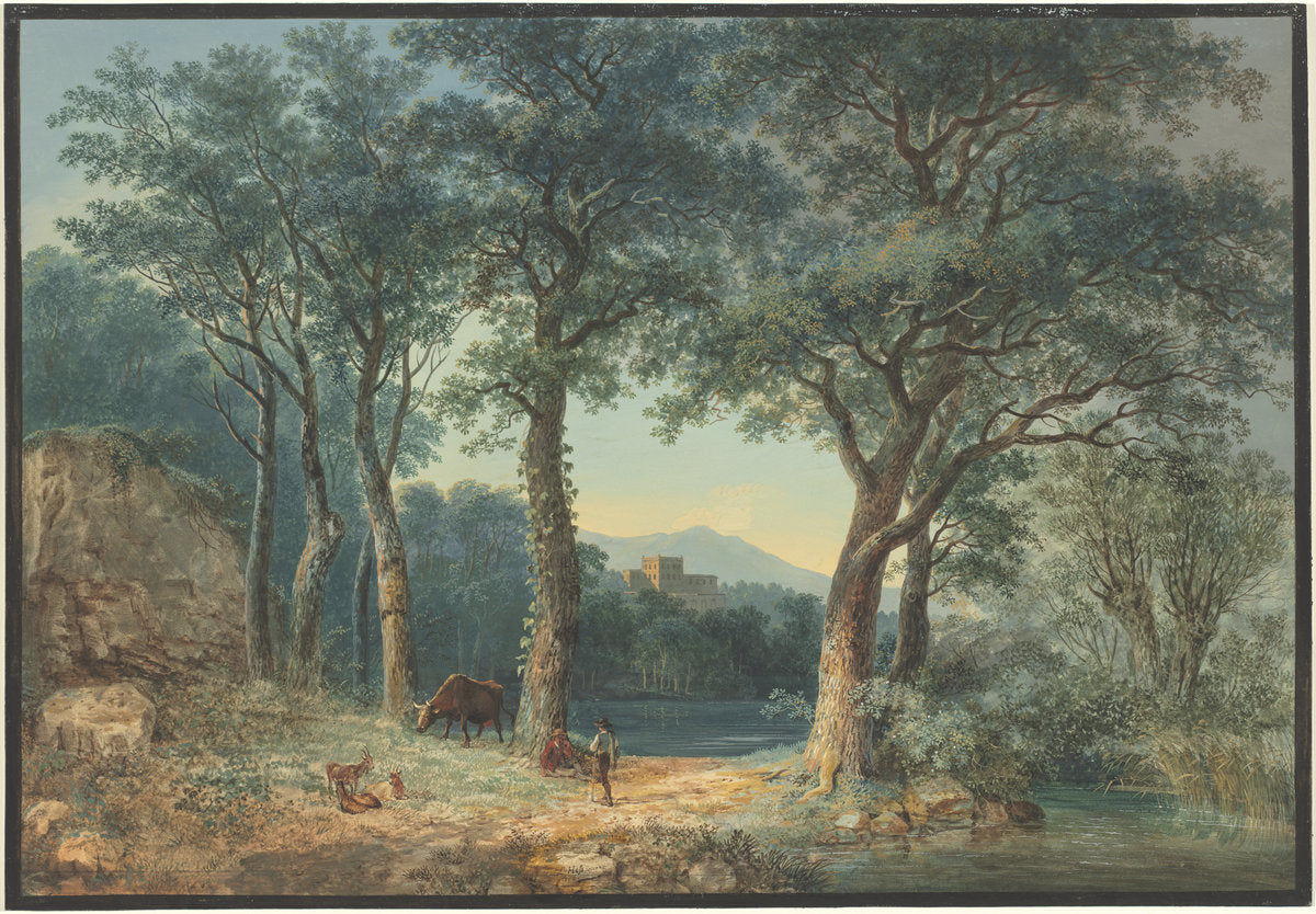 A Wooded Lakeside with an Italianate Villa by Ludwig Hess (Swiss, 1760 - 1800), 16X12"(A3)Poster Print