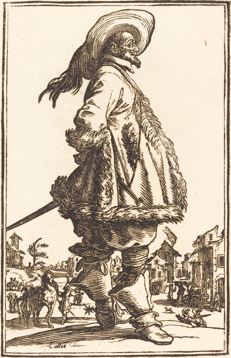 woodcut by after Jacques Callot (Noble Man with Mantle Trimmed in Fur, Holding his Hands Behind his Back), 16X12"(A3)Poster Print