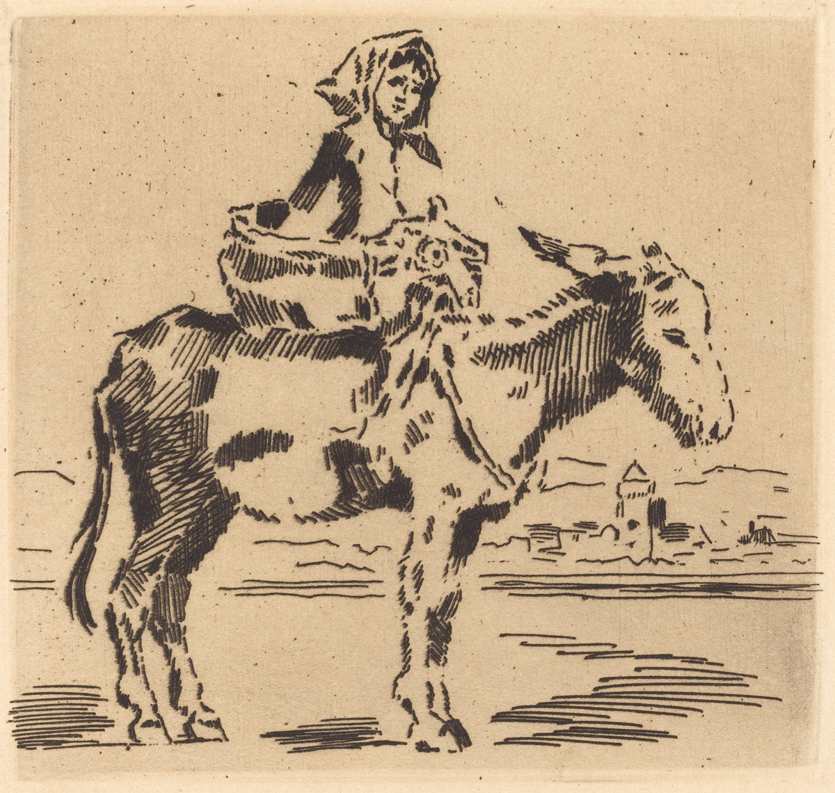 Cacoletière à la Tour (Woman Riding an Ass near a Tower) by Félix-Hilaire Buhot (French, 1847 - 1898), 16X12"(A3)Poster Print