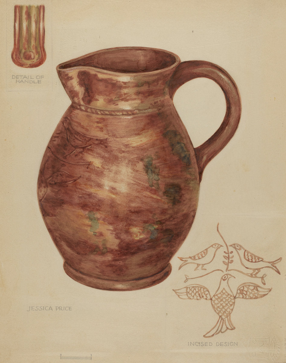 Red Earthenware Pitcher by Jessica Price (American, active c. 1935), 16X12"(A3)Poster Print