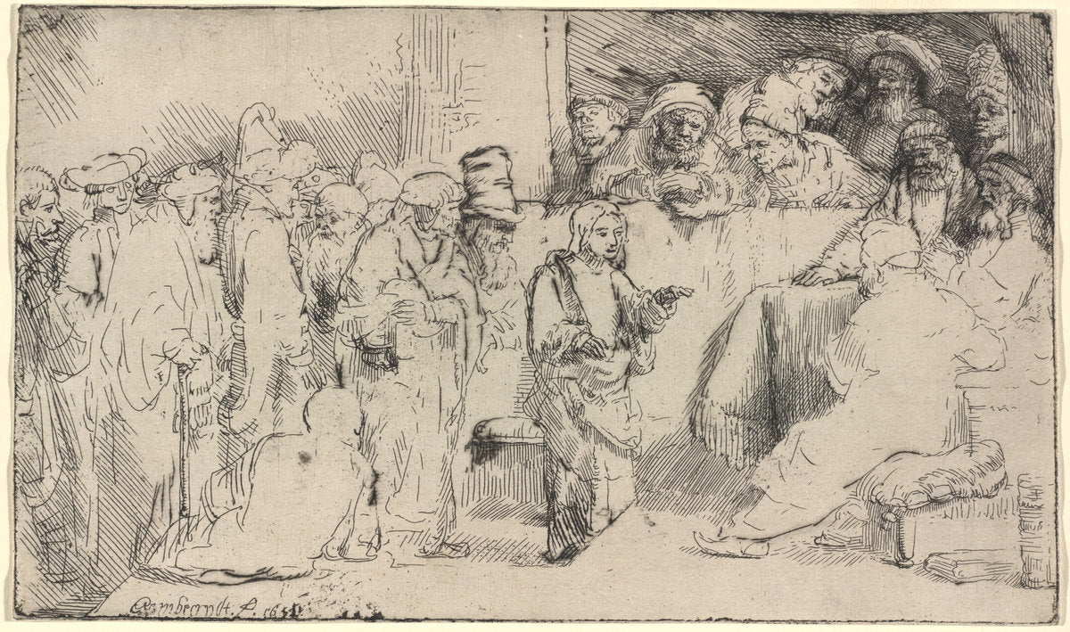 Christ Disputing with the Doctors: a Sketch by Rembrandt van Rijn (Dutch, 1606 - 1669), 16X12"(A3)Poster Print
