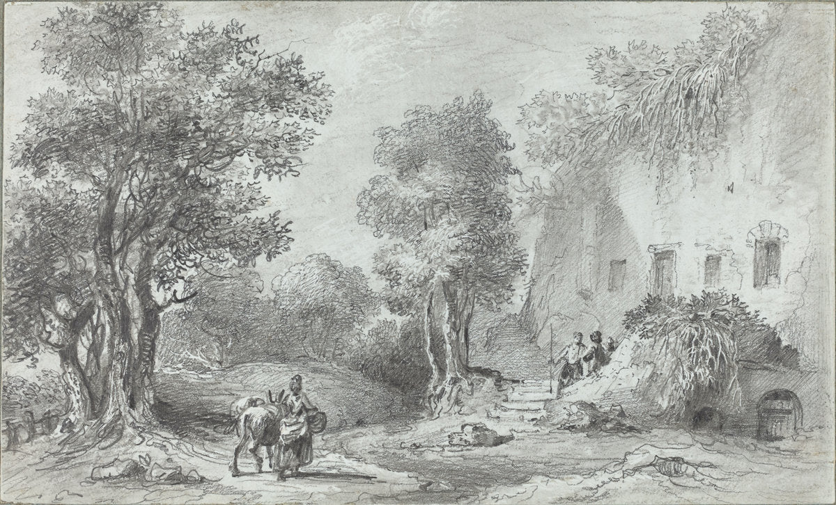 Landscape with Peasants before an Inn by Aignan-Thomas Desfriches (French, 1715 - 1800), 16X12"(A3)Poster Print
