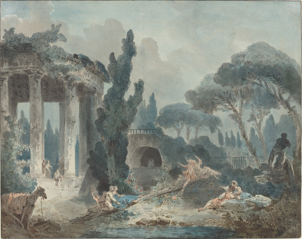pen and black ink and watercolor on laid paper by Style of Hubert Robert (The Seesaw), 16X12"(A3)Poster Print