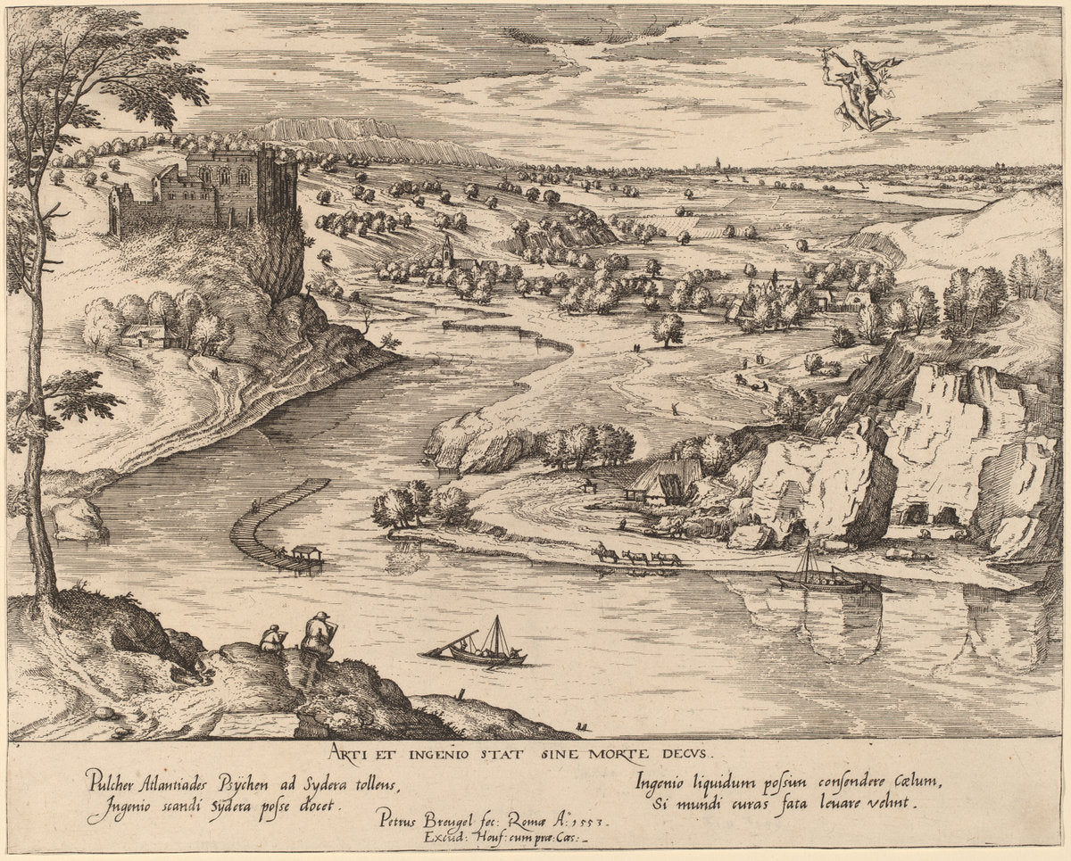 River Landscape with Mercury and Psyche by Attributed to Simon Novellanus after Pieter Bruegel the Elder (German, active c. 1560/1590), 16X12"(A3)Poster Print