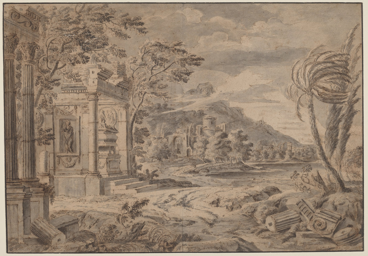 Antique Ruins along a Mountain Coast by Johann Franciscus Ermels (German, 1621 - 1693), 16X12"(A3)Poster Print