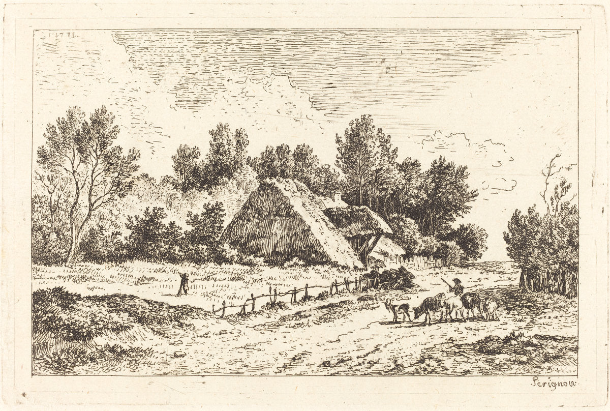 A Low Cottage with a Herdsman Leading His Flock by Nicolas Pérignon (French, 1727 - 1782), 16X12"(A3)Poster Print