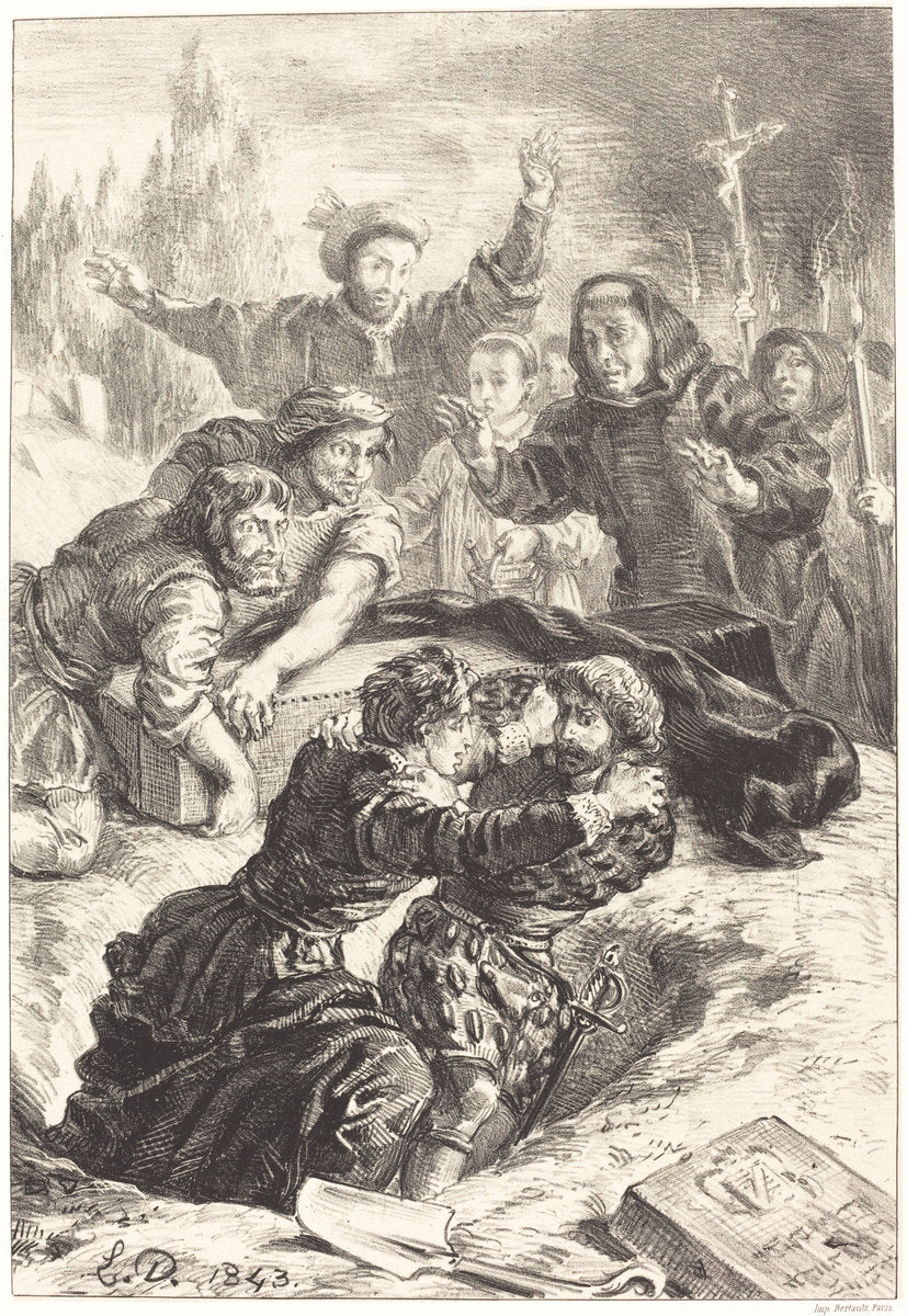 Hamlet and Laertes in the Grave of Ophelia (Act V, Scene I) by Eugène Delacroix (French, 1798 - 1863), 16X12"(A3)Poster Print