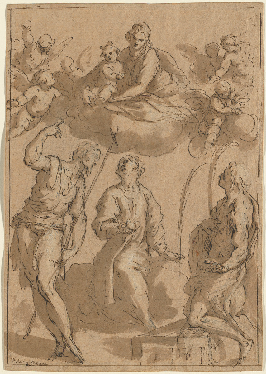 Madonna and Child in Glory with Saints John the Baptist, Stephen, and Lawrence by Jacopo Palma il Giovane (Venetian, 1544 or 1548 - 1628), 16X12"(A3)Poster Print
