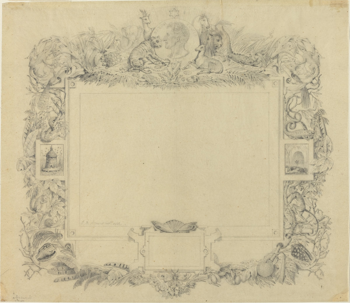 Design for a Border with a Portrait of Baron Cuvier by Jean-Baptiste Arnout (French, 1788 - after 1865), 16X12"(A3)Poster Print