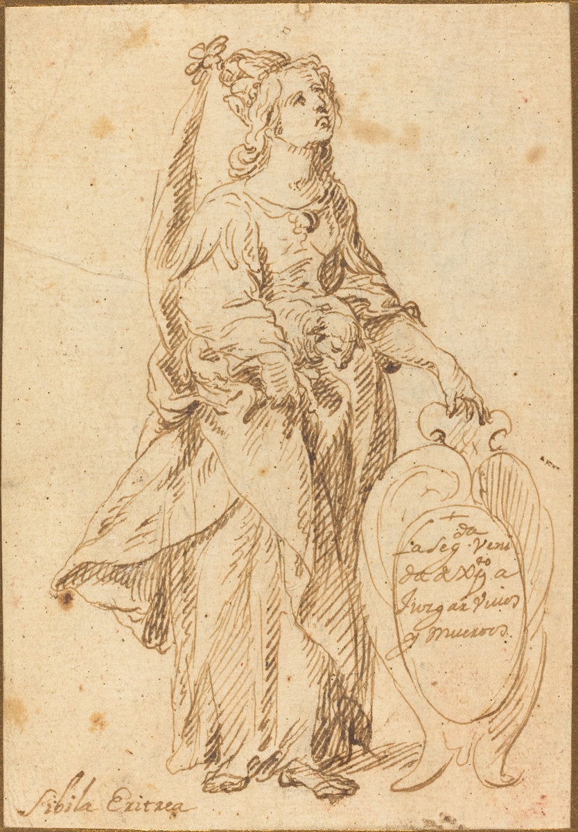 pen and brown ink over traces of black chalk on laid paper by Spanish 17th Century (Eritrean Sibyl), 16X12"(A3)Poster Print