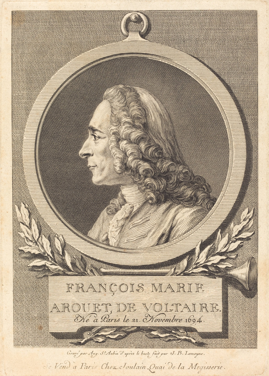 Francois Marie Arouet de Voltaire by Augustin de Saint-Aubin after Jean-Baptiste Lemoyne II (French, 1736 - 1807), 16X12"(A3)Poster Print