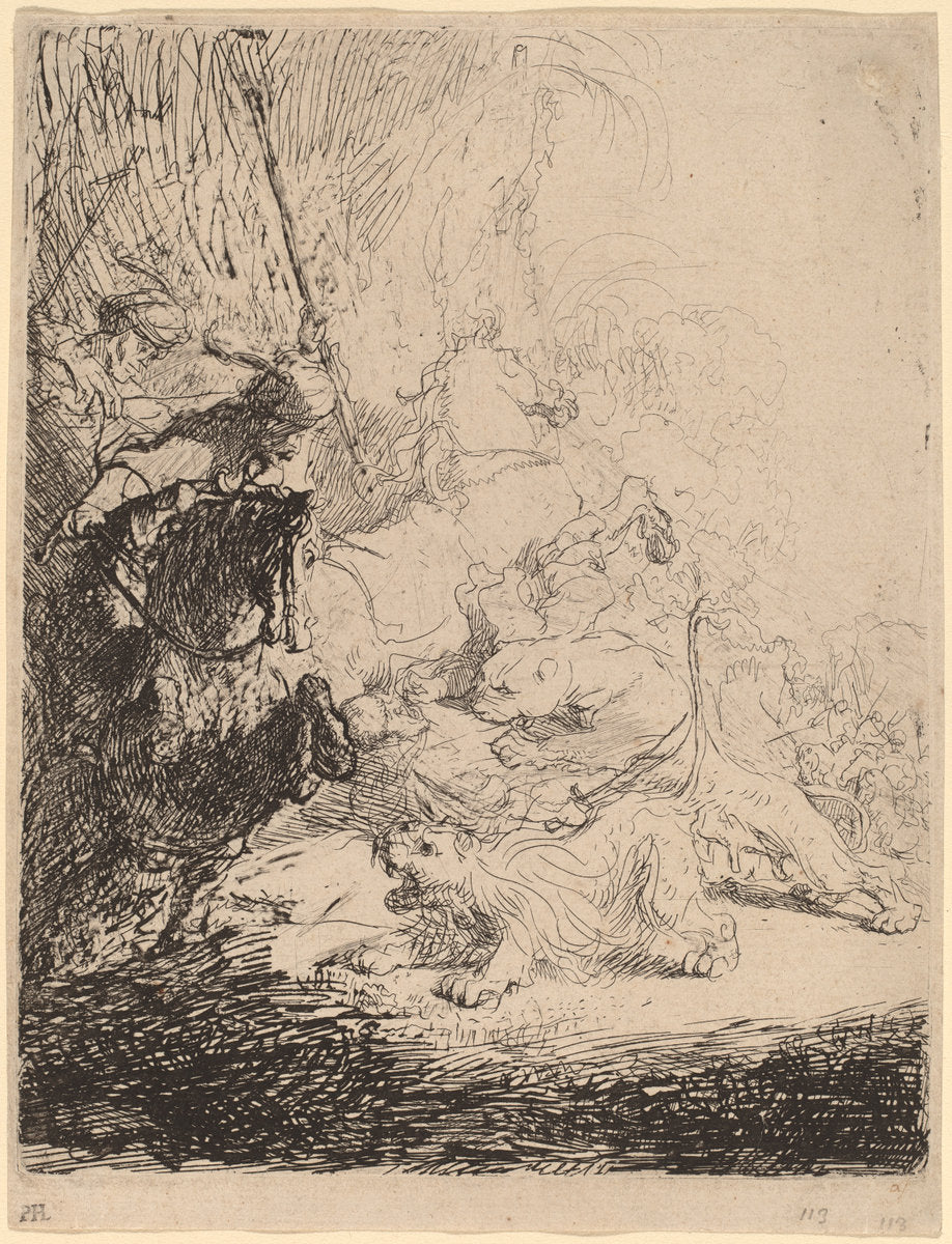 The Small Lion Hunt (with Two Lions) by Rembrandt van Rijn (Dutch, 1606 - 1669), 16X12"(A3)Poster Print