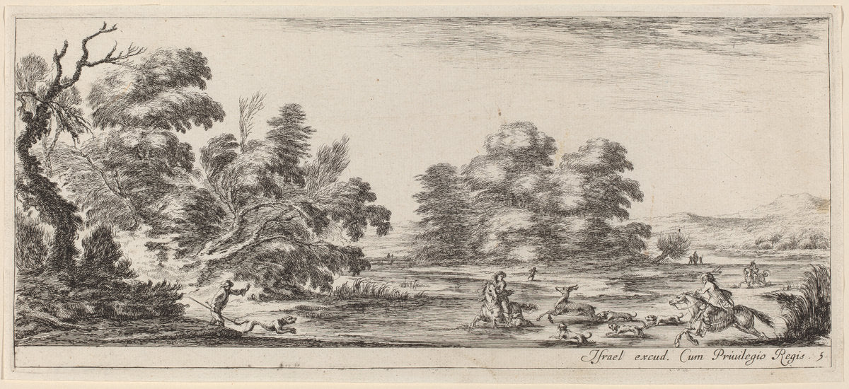 Landscape with Deer Hunt by Stefano Della Bella (Italian, 1610 - 1664), 16X12"(A3)Poster Print