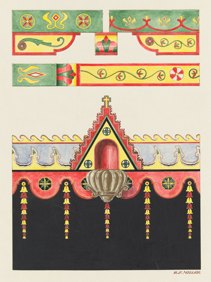 Wall and Ceiling Decorations, and Holy Water Font; Restoration Drawing by Randolph F. Miller (American, active c. 1935), 16X12"(A3)Poster Print
