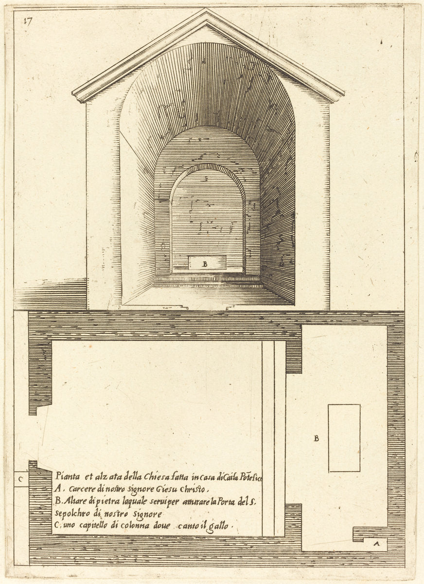 Plan and Elevation of the Church near the House of Caiaphas by Jacques Callot (French, 1592 - 1635), 16X12"(A3)Poster Print