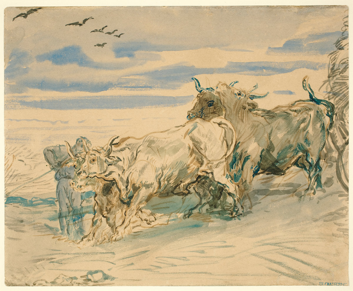 Drover with Oxen Pulling a Cart by Théodore Chassériau (French, 1819 - 1856), 16X12"(A3)Poster Print