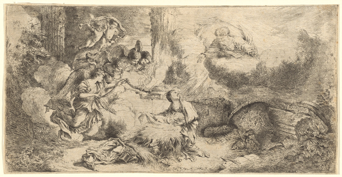 God the Father and Angels Adoring the Christ Child by Giovanni Benedetto Castiglione (Italian, 1609 - 1664), 16X12"(A3)Poster Print