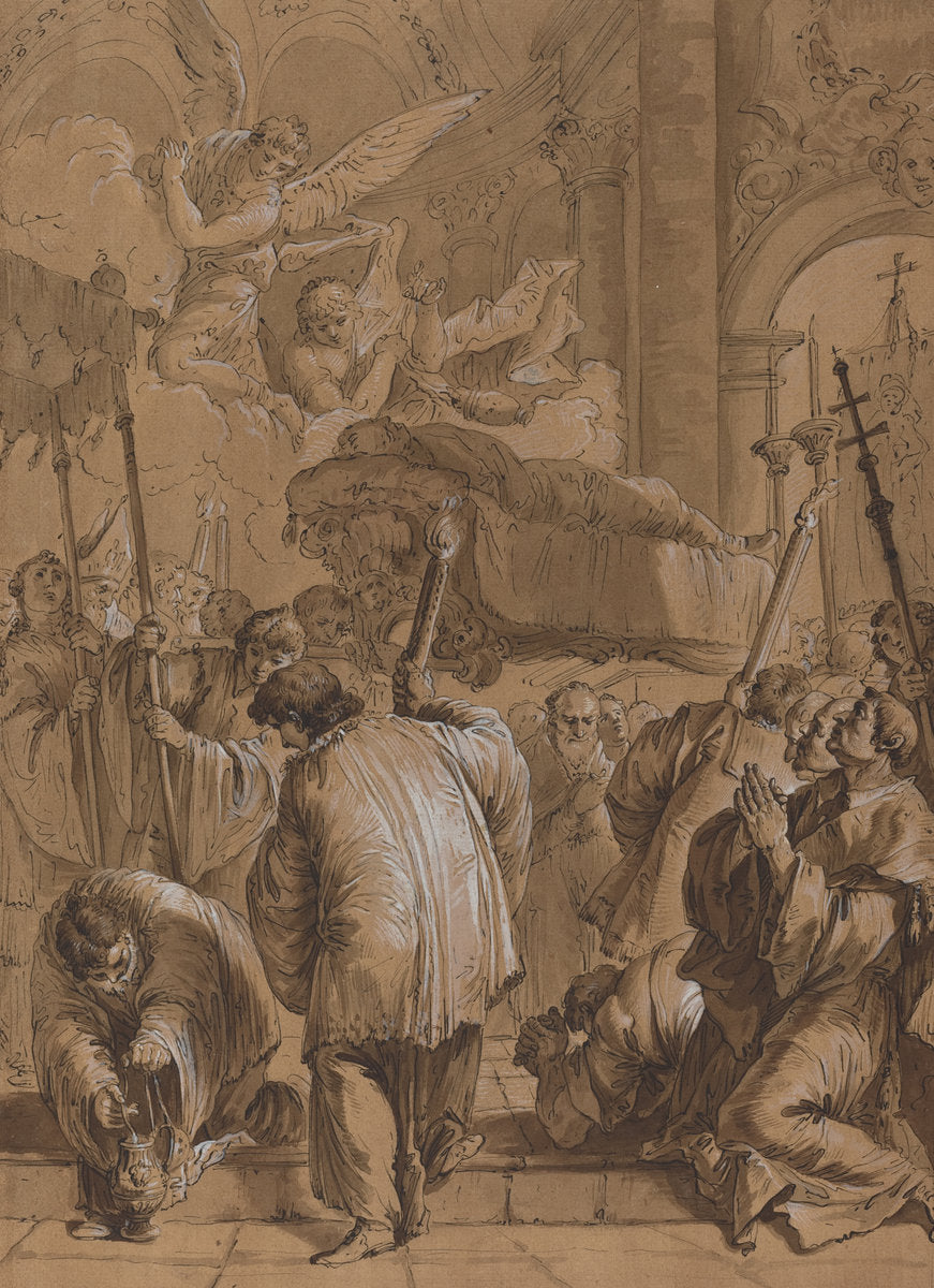 18th century by Follower of Francesco Fontebasso (Funeral Procession of a Saint with Angels), 16X12"(A3)Poster Print