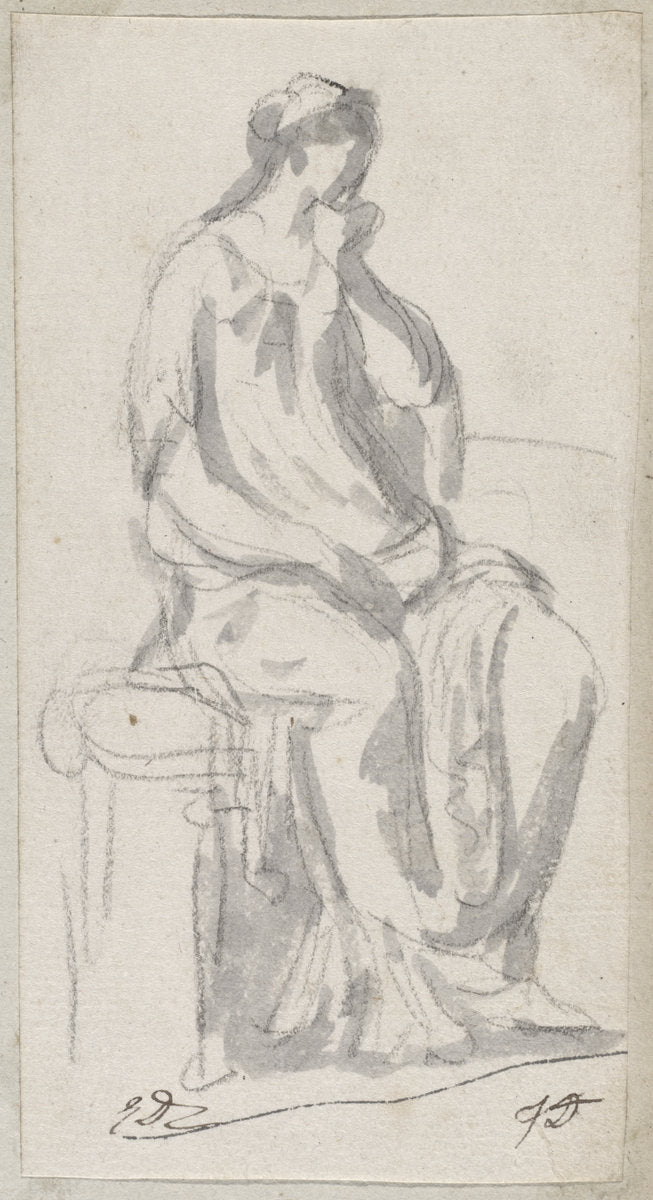 Classical Sculpture of a Pensive Woman by Jacques-Louis David (French, 1748 - 1825), 16X12"(A3)Poster Print