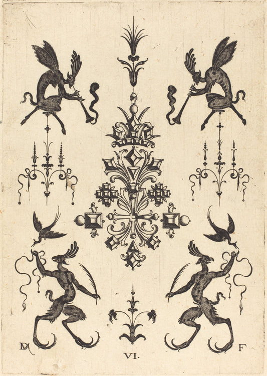 Brooch with Winged Fauns Blowing Trumpets at Top and Fantasy Creatures with Birds at Bottom by Daniel Mignot (German, active 1593/1596), 16X12"(A3)Poster Print