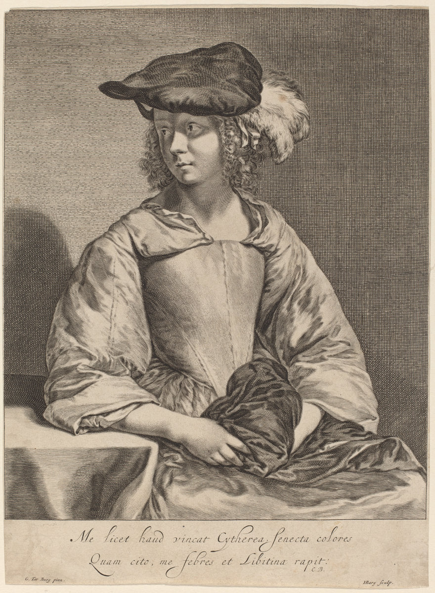 Girl in a Plumed Hat by Hendrick Bary after Gerard ter Borch the Younger (Dutch, c. 1640 - 1707), 16X12"(A3)Poster Print