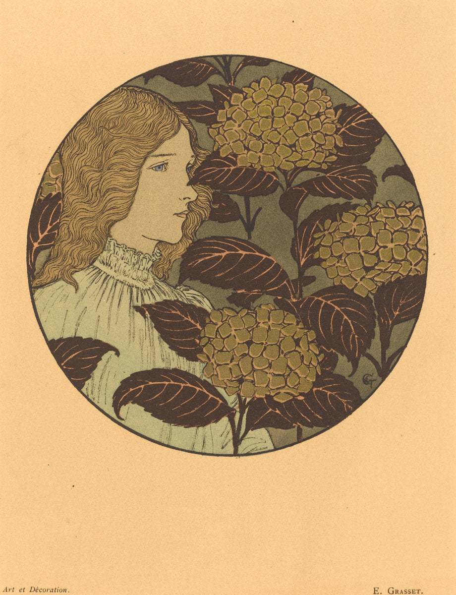 Roundel Portrait of a Girl by Eugène Grasset (French, 1841 - 1917), 16X12"(A3)Poster Print