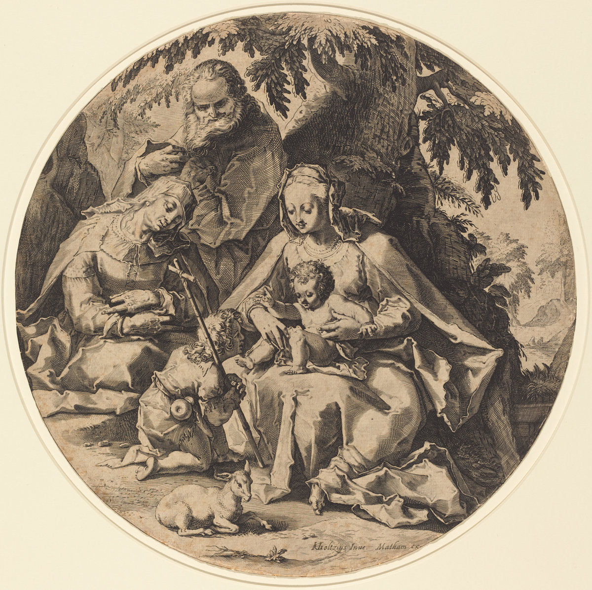 The Holy Family with Saint Elizabeth and Saint John the Baptist by Workshop of Jacob Matham, after Hendrik Goltzius (Dutch, c.1598), 16X12"(A3)Poster Print