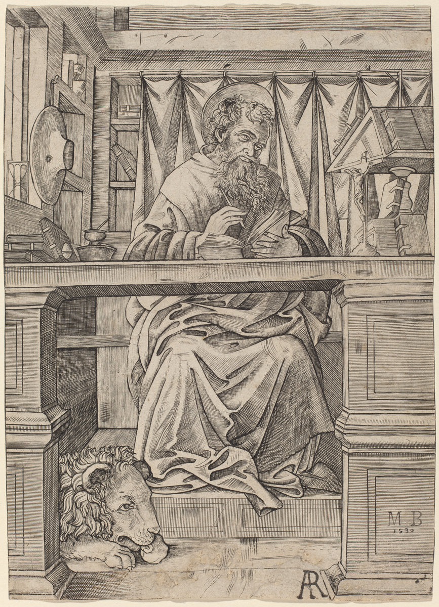 Saint Jerome in His Study by Giovanni Antonio da Brescia (Italian, active c. 1490 - 1525 or after), 16X12"(A3)Poster Print
