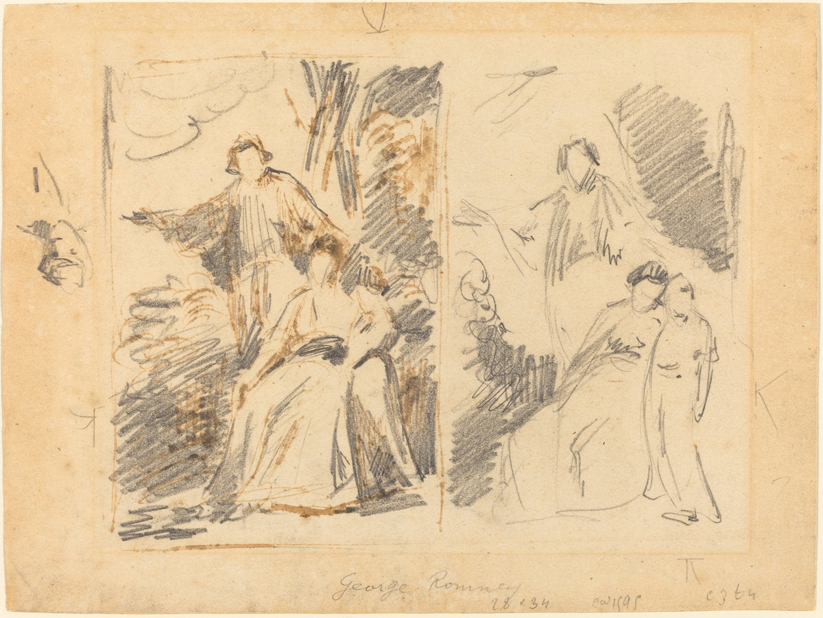 Two Studies for a Portrait of the Warren Family by George Romney (British, 1734 - 1802), 16X12"(A3)Poster Print