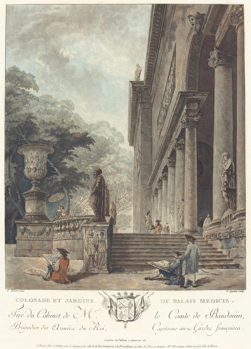 Colonade et Jardins du Palais Medicis (Colonnade and Gardens of the Medici Palace) by Jean-François Janinet after Hubert Robert (French, 1752 - 1814), 16X12"(A3)Poster Print