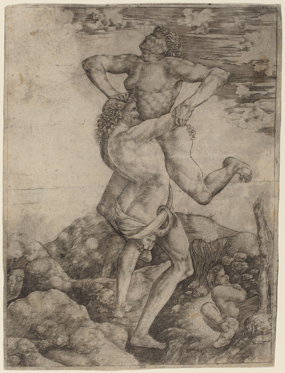 Hercules and Antaeus by Cristofano Robetta, after Antonio del Pollaiuolo (Italian, 1462 - 1535 or after), 16X12"(A3)Poster Print