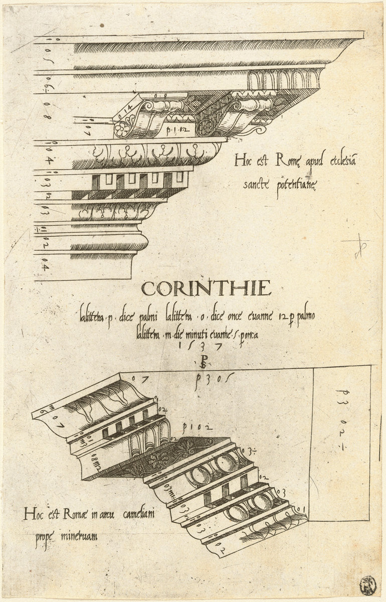 Entablatures from Santa Pudenziana and the Arch of Camigliano, Rome by Master PS (Italian (?), active 1535/1537), 16X12"(A3)Poster Print