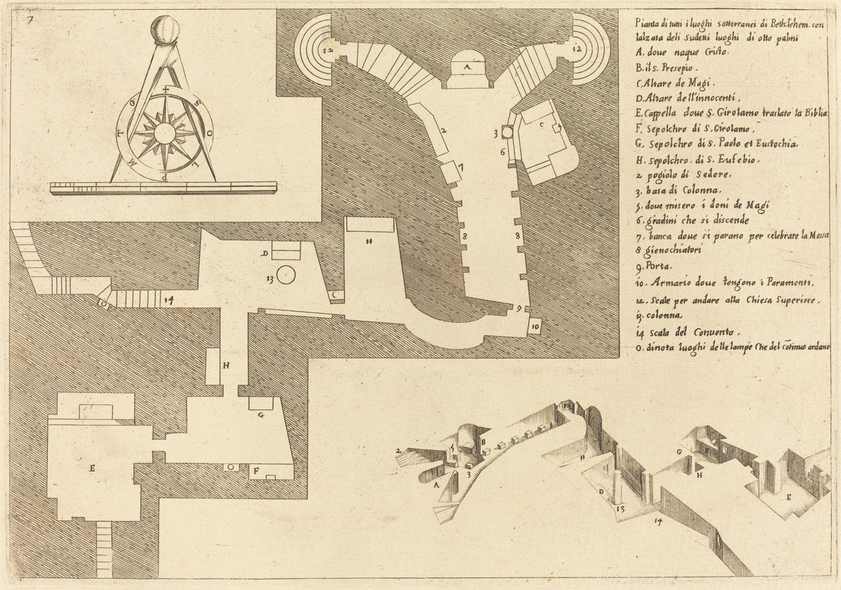Plan of All the Important Places in Bethlehem by Jacques Callot (French, 1592 - 1635), 16X12"(A3)Poster Print