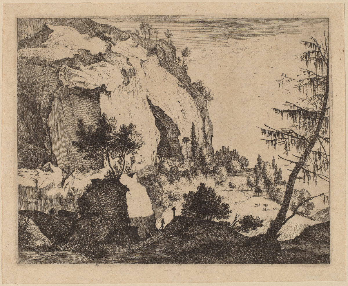 Rocky Landscape with Fir: pl.4 by Roelant Roghman and Melchior Küsel (German, 1626 - 1683), 16X12"(A3)Poster Print
