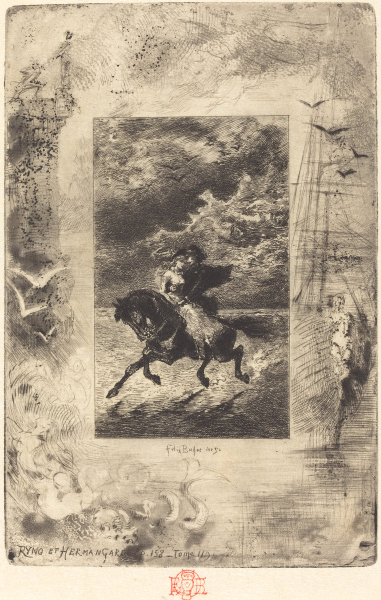 Ryno et Hermangarde by Félix-Hilaire Buhot (French, 1847 - 1898), 16X12"(A3)Poster Print