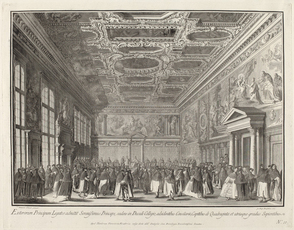 Reception by the Doge of Foreign Ambassadors in the Sala del Collegio by Giovanni Battista Brustolon after Canaletto (Italian, 1712 - 1796), 16X12"(A3)Poster Print