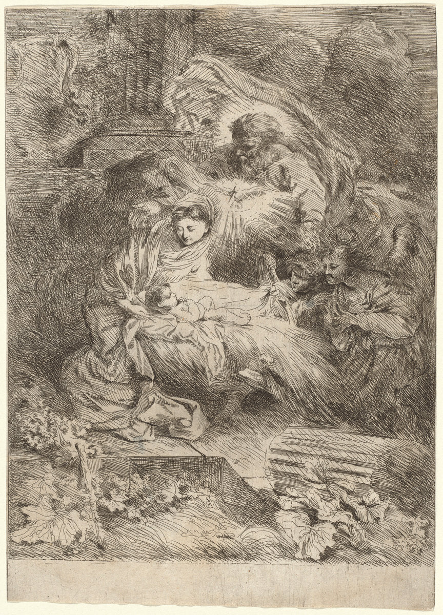 The Nativity with God the Father and the Holy Spirit by Salvatore Castiglione (Italian, 1620 - 1676), 16X12"(A3)Poster Print