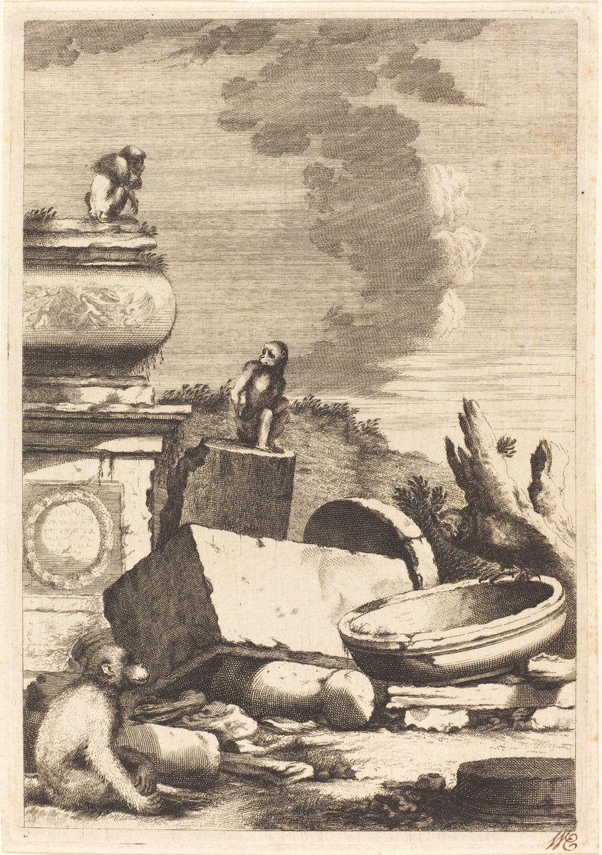 Ruins with Monkeys and an Owl by Bernhard Zaech after Jonas Umbach (German, active c. 1650), 16X12"(A3)Poster Print