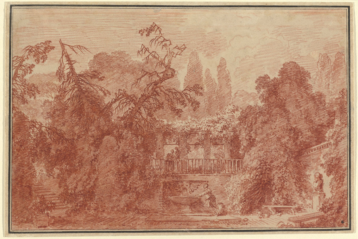Terrace and Garden of an Italian Villa by Jean-Honoré Fragonard (French, 1732 - 1806), 16X12"(A3)Poster Print