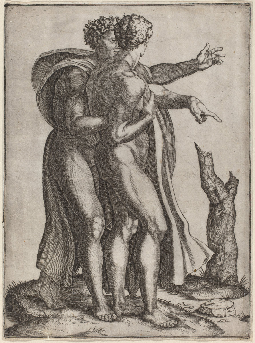 Two Nude Men by Marcantonio Raimondi after Michelangelo (Italian, c. 1480 - c. 1534), 16X12"(A3)Poster Print