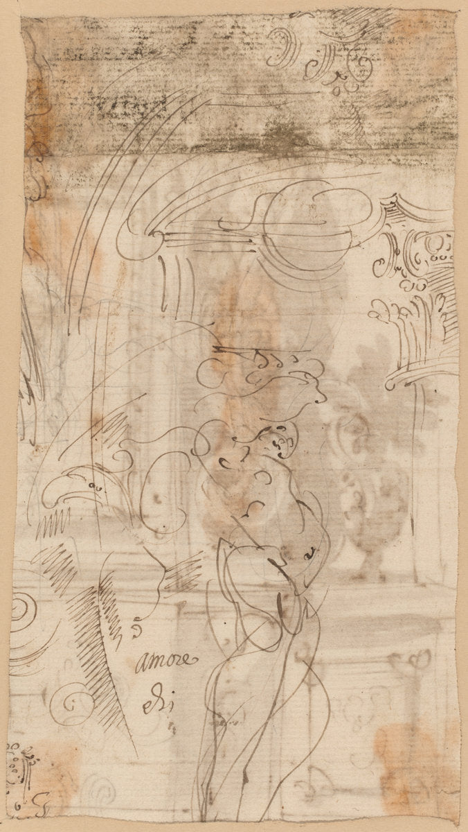 pen and brown ink with gray wash by Genoese 17th Century (An Architectural Study with an Atlantid), 16X12"(A3)Poster Print