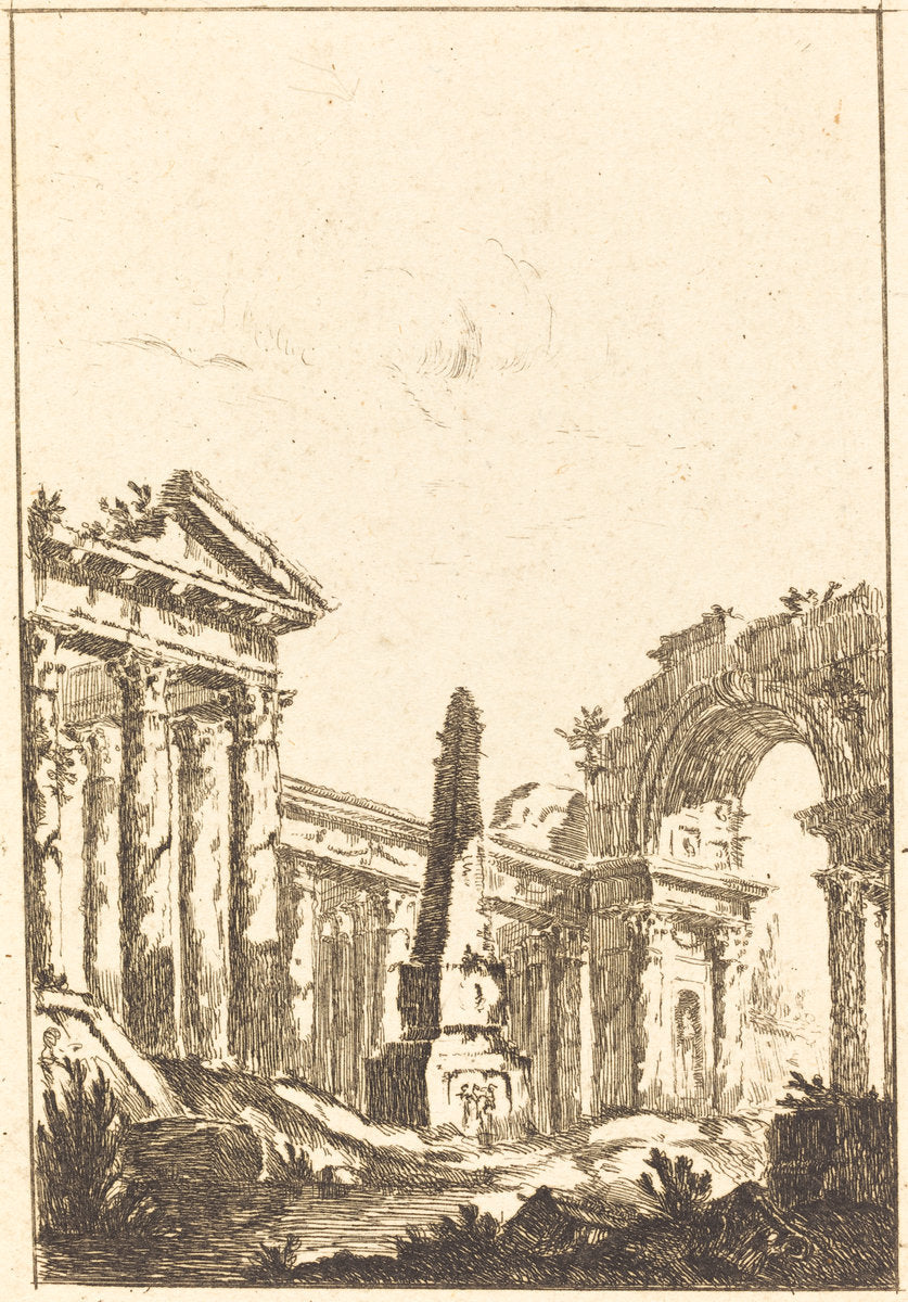 Capriccio with Ruins and an Obelisk by attributed to Jérôme Charles Bellicard (French, 1726 - 1786), 16X12"(A3)Poster Print