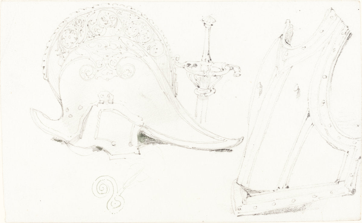 Study of a Helmet, Breastplate, and Rapier by Joseph Nash (British, 1808 - 1878), 16X12"(A3)Poster Print