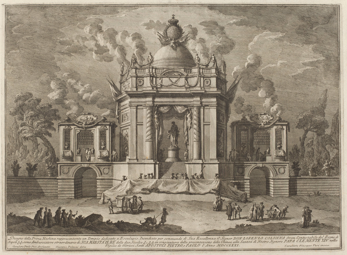 A Temple Dedicated to Aesculapius, for the "Chinea" Festival by Giuseppe Vasi after Giuseppe Palazzi (designer) and Paolo Posi (architect) (Italian, 1710 - 1782), 16X12"(A3)Poster Print