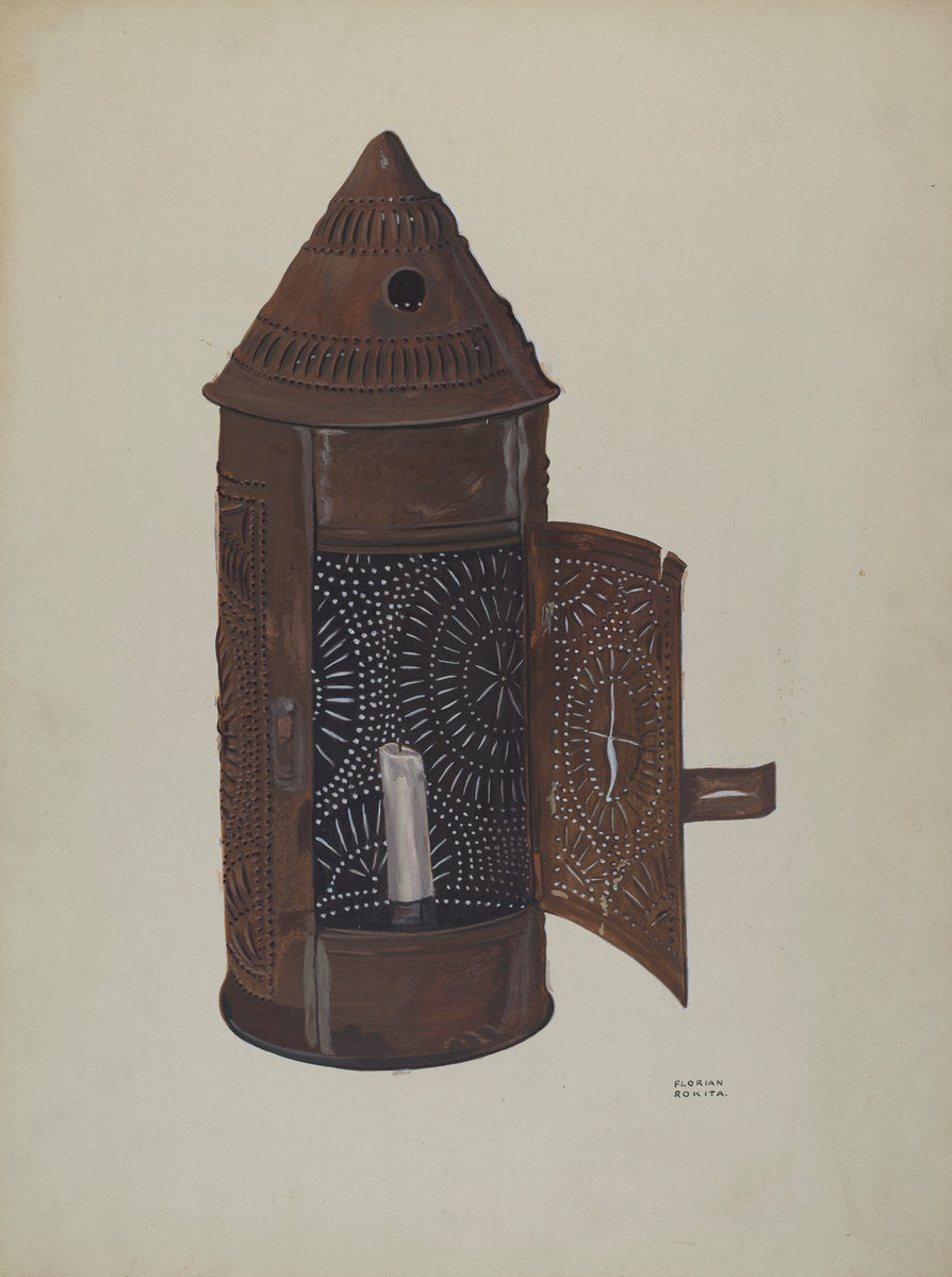 Pierced Iron Lantern by Florian Rokita (American, active c. 1935), 16X12"(A3)Poster Print
