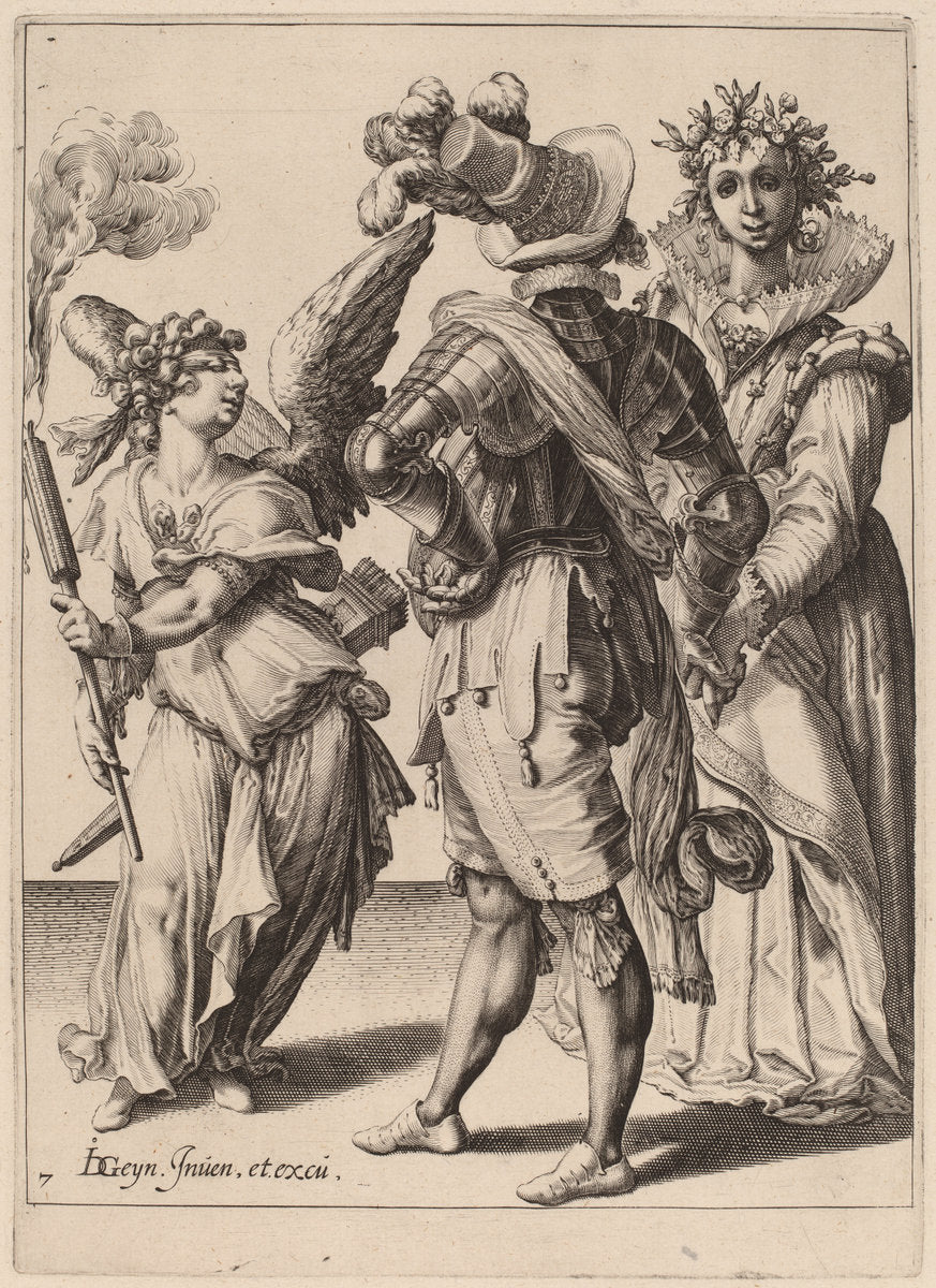 A Blindfolded Cupid Holding a Torch Before a Couple by Attributed to Zacharias Dolendo after Jacques de Gheyn II (Dutch, active 1581/1598), 16X12"(A3)Poster Print
