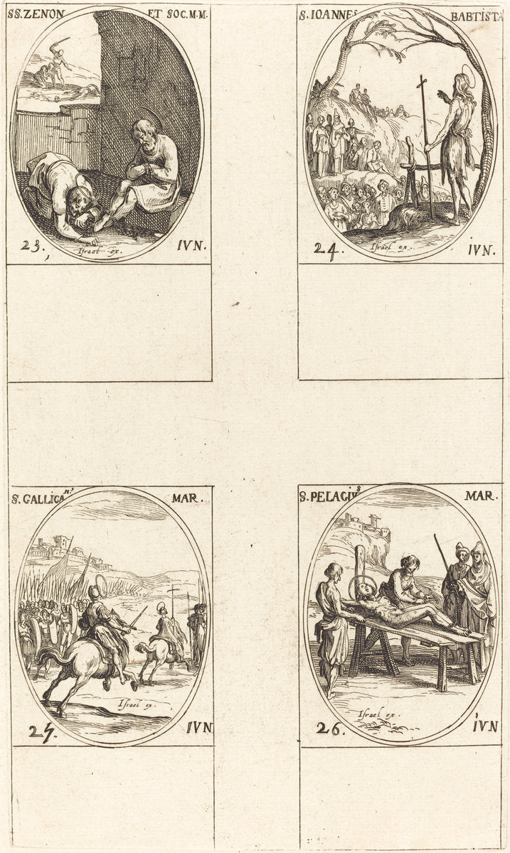 St. Zenon and Companions; St. John the Baptist; St. Gallicanus; St. Pelagius by Jacques Callot (French, 1592 - 1635), 16X12"(A3)Poster Print