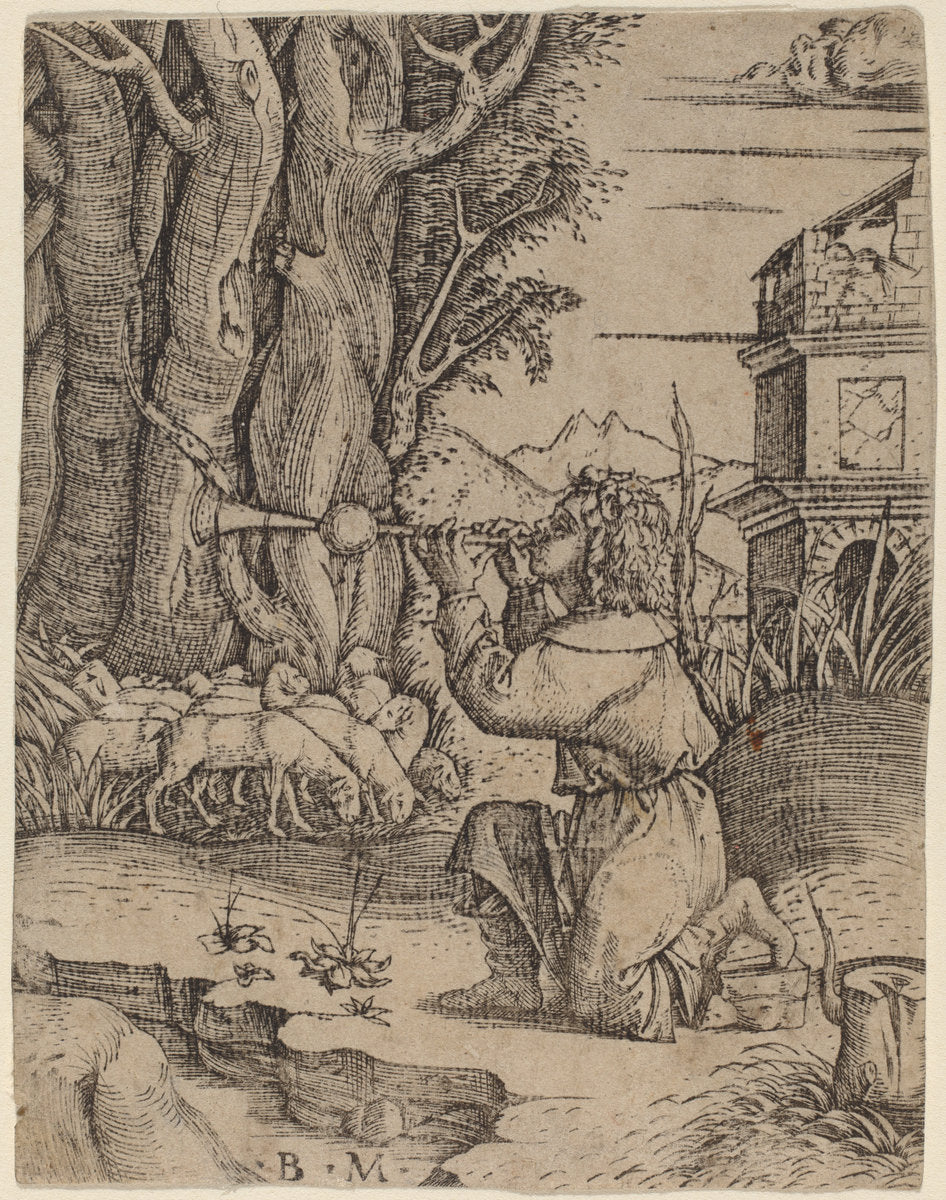 Shepherd with a Platerspiel by Benedetto Montagna (Italian, c. 1480 - 1555 or 1558), 16X12"(A3)Poster Print