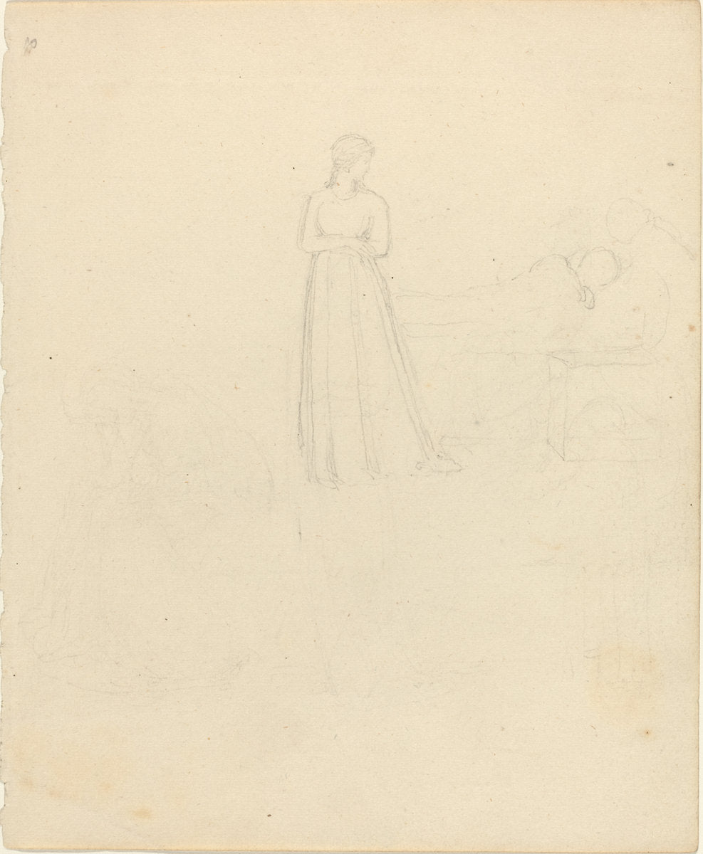 Standing Female Figure Looking at Reclining and Seated Figures by John Flaxman (British, 1755 - 1826), 16X12"(A3)Poster Print
