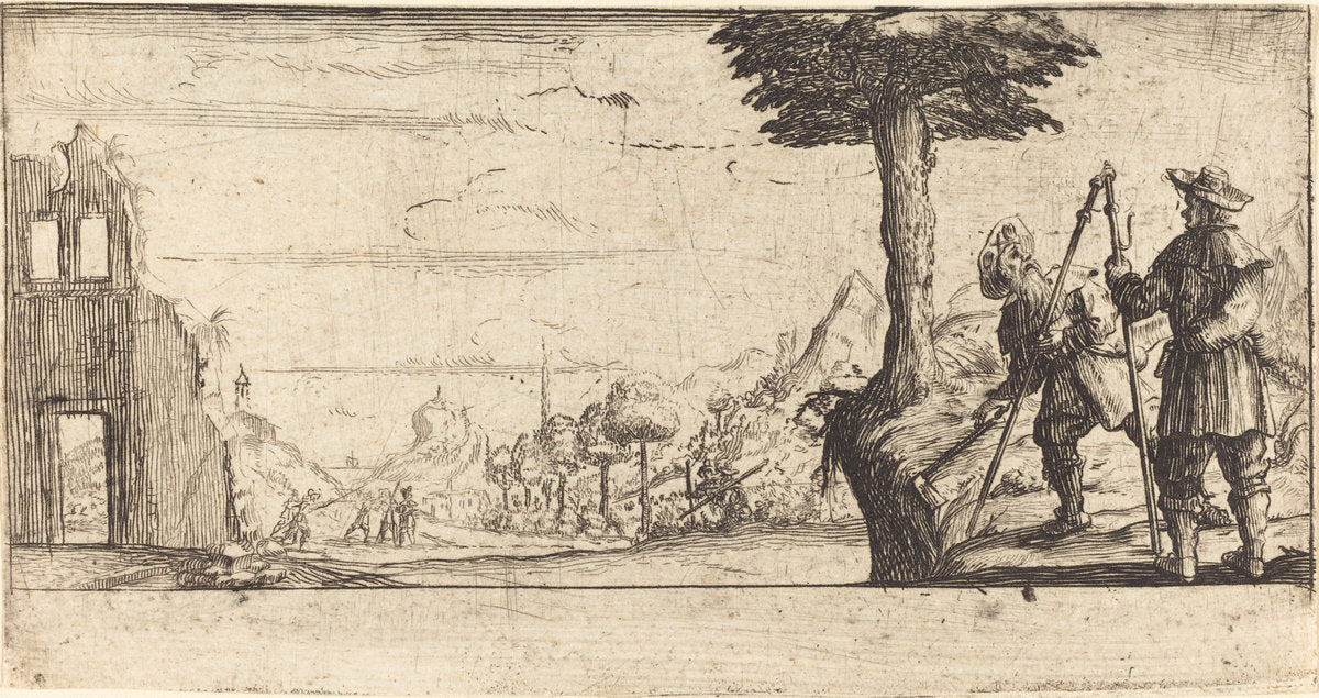 etching by after Jacques Callot (Landscape with Two Pilgrims), 16X12"(A3)Poster Print